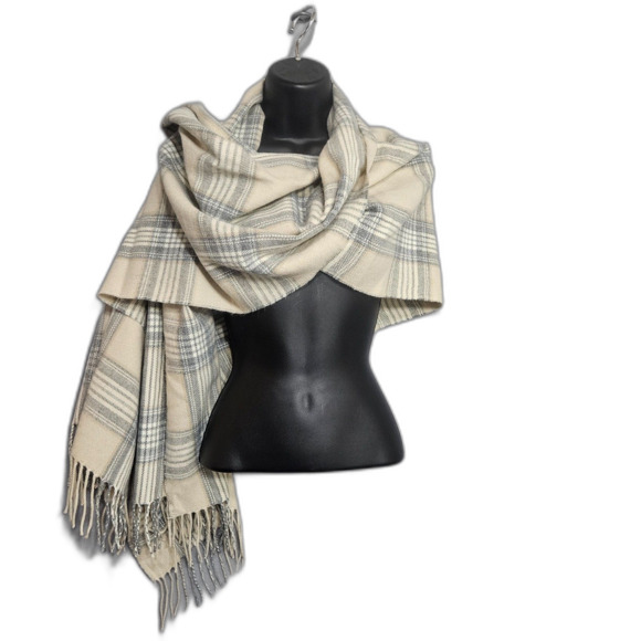 New J. Crew Acrylic Plaid Blanket Scarf Grey and Tan with Fringe 34X72 - Picture 6 of 6